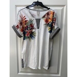 Chico’s Tee T- Shirt Women’s Size 1‎ Medium Short Sleeve White Floral Striped